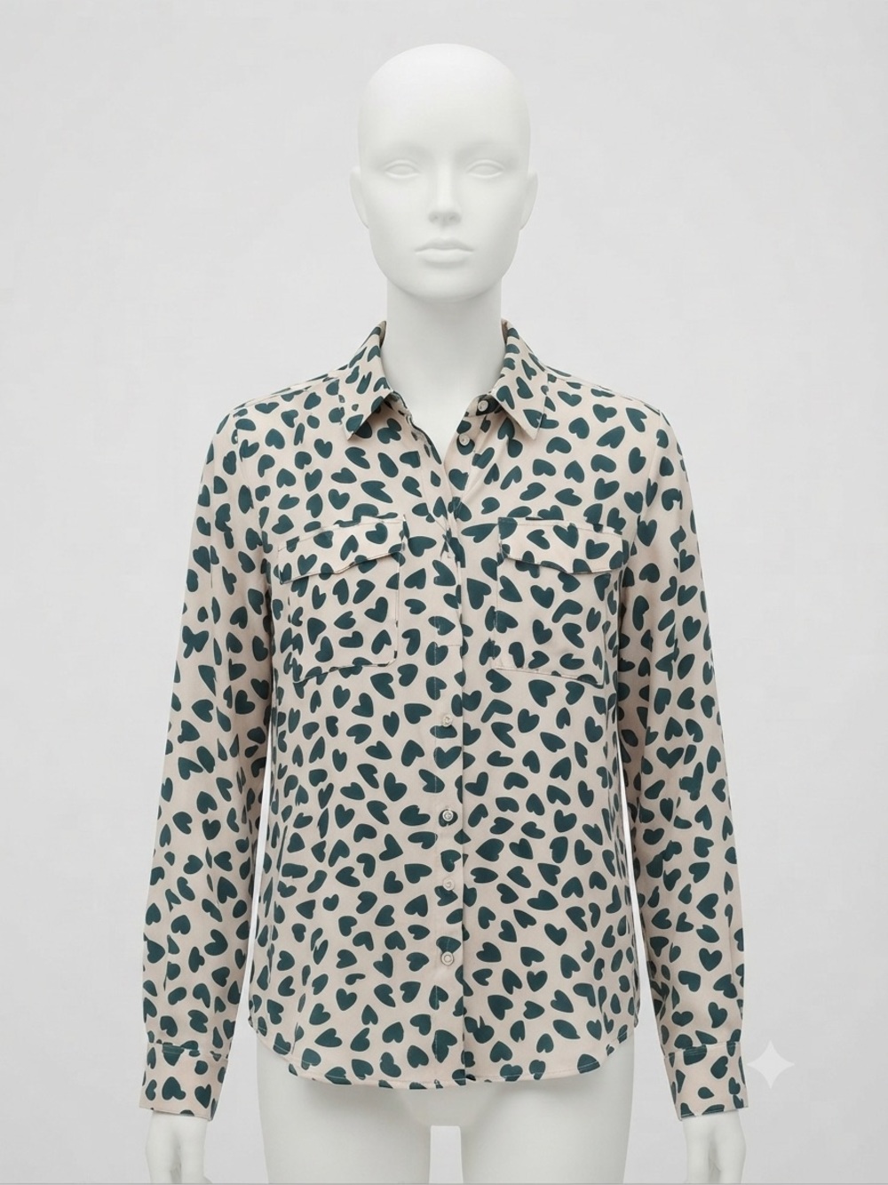 Ann Taylor Heart Print Blouse Small S - Green Cream Popover Work Shirt Valentine